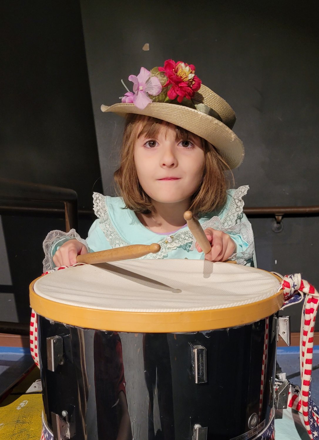 ON THE DRUMS: Johnston’s Mary Hutto, 7, stars in Rhode Island Youth Theatre’s Music Man Jr. at the Park Theatre.